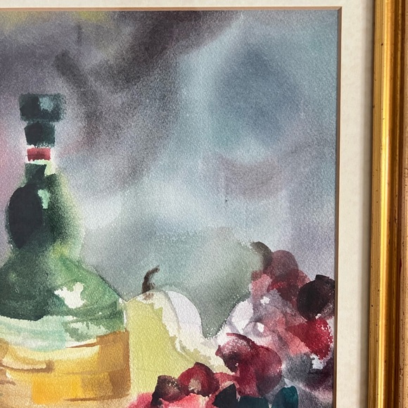 Watercolor Painting Still Life Signed Fruits Wine Realism Framed Vintage 11"x17" - Picture 4 of 8